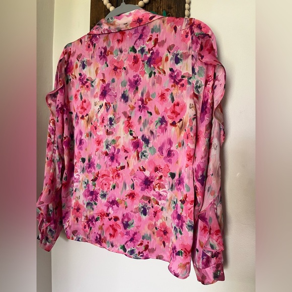 ZARA Pink Floral Button Down Long Sleeve Sheer Blouse with Collar Women’s Size S - Picture 12 of 13